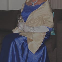 Blue Satin Ballgown— YAY!Still fits five years after purchase