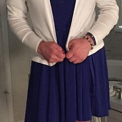 Blue dress with white sweater