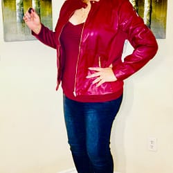 Wine booties and jacket + jeans