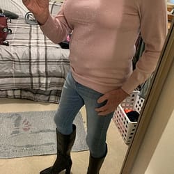 I love my sparkly pink sweater AND my boots!