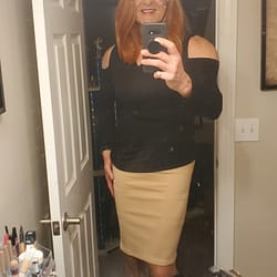 Beige Pencil Skirt, Black Blouse and gold heels w/Ginger Hair
