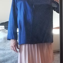 satin blue blouse and pink skirt