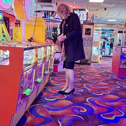 At the arcade. First time out without a face mask.
