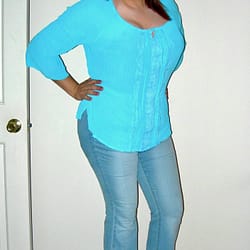 Jeans and blue peasant top