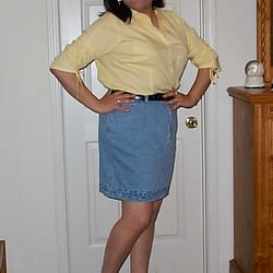 Yellow blouse denim skirt