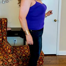 Betsey Johnson pumps, purple tank top and jeans