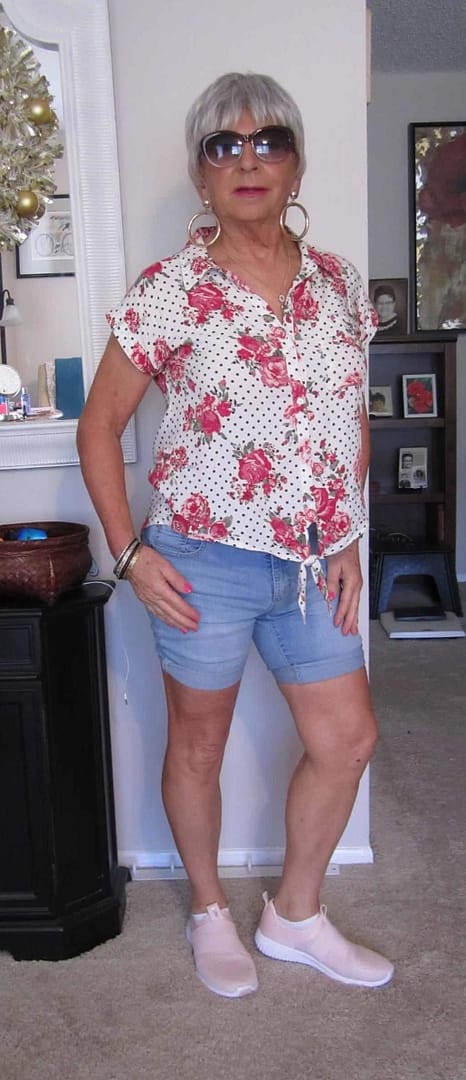 Shorts, blouse, and sneakers