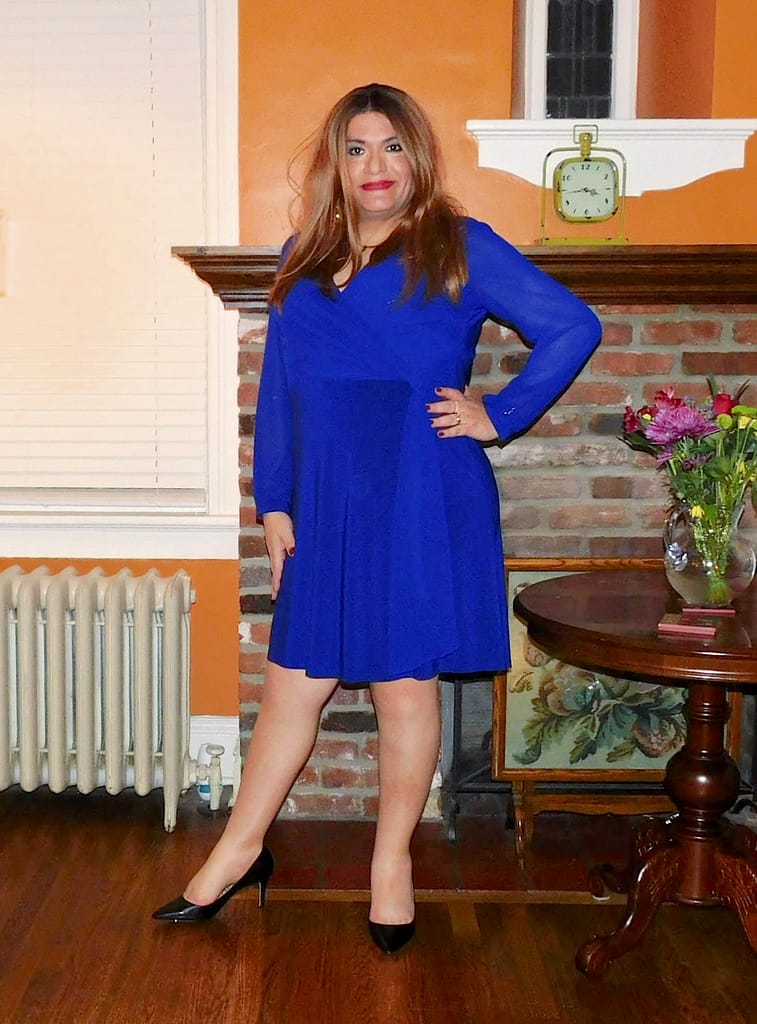 Blue dress with sheer sleeves
