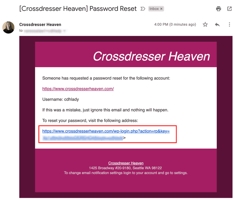 Crossdresser Heaven Password Reset Email