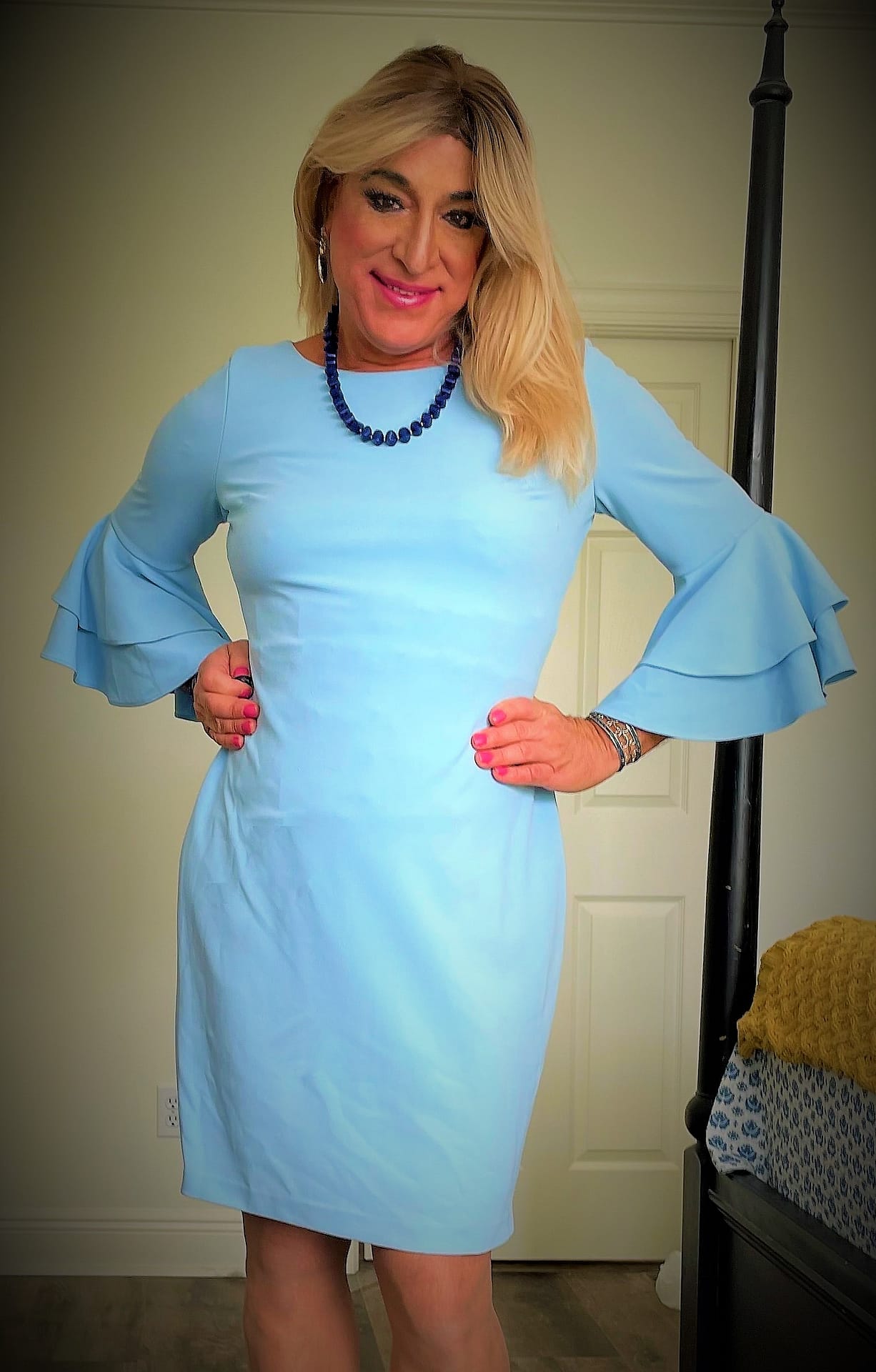 Tiered-Bell-Sleeve Sheath Dress in Baby Blue – Crossdresser Heaven