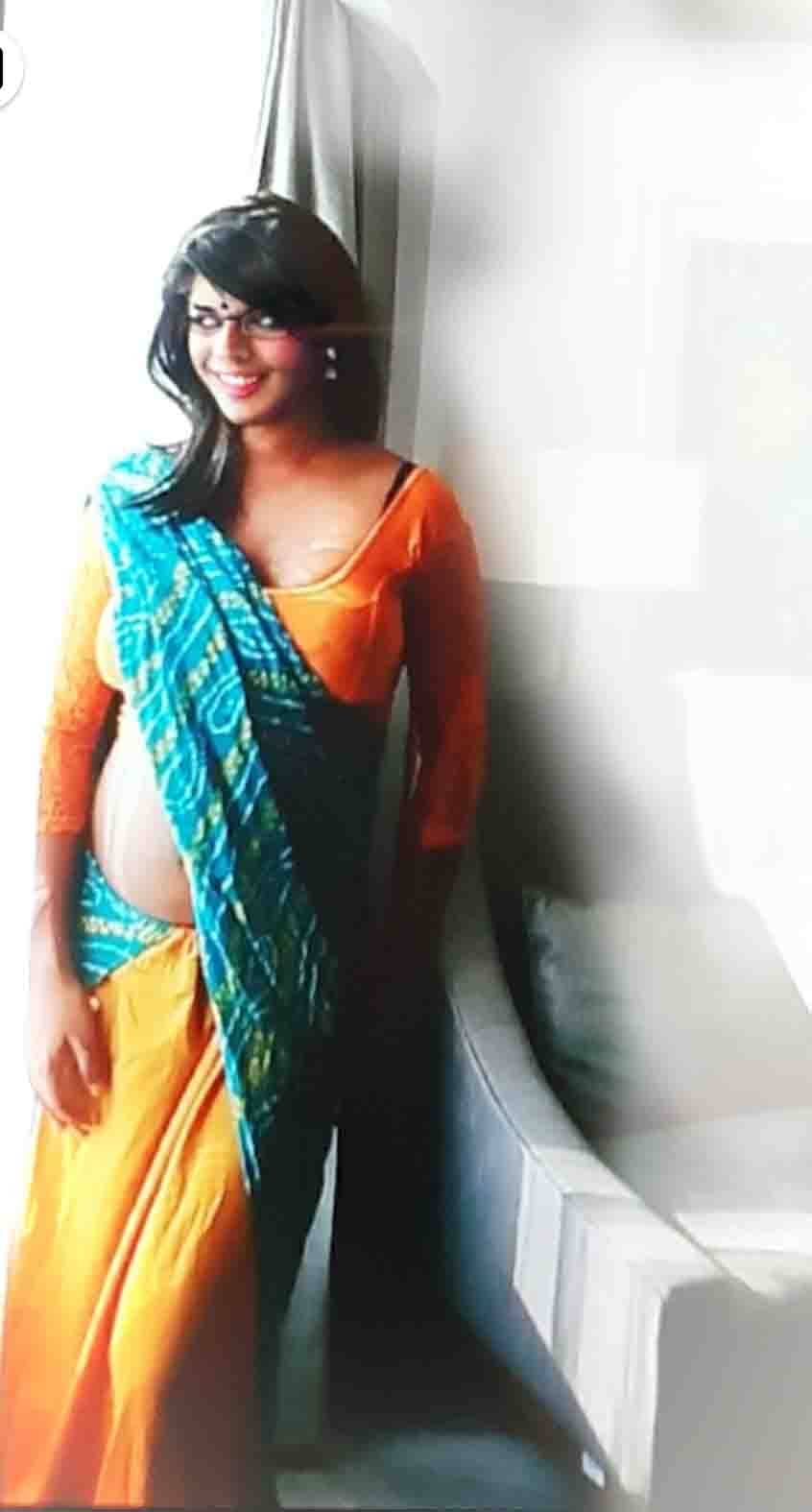 Cross dressing in wife's Satin Bra Panty and designer saree, Crossdressing